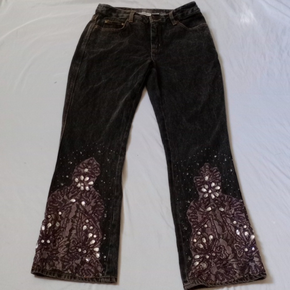 Black Wide Leg Jeans with Purple Embellished Hem